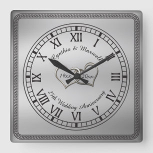 Elegante griechische Schlüssel 25. Hochzeitstag Quadratische Wanduhr