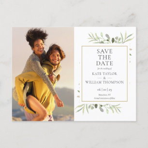 Elegante Grün-Foto-Hochzeitssave-the-Date-Karte Ankündigungspostkarte
