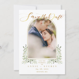Elegante Grün-Gold-Schrift Foto-Architektur Save The Date