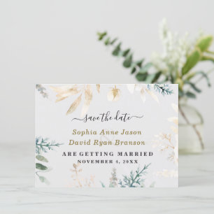 Elegante Grün Goldene Blätter Hochzeits-Kalligrafi Save The Date