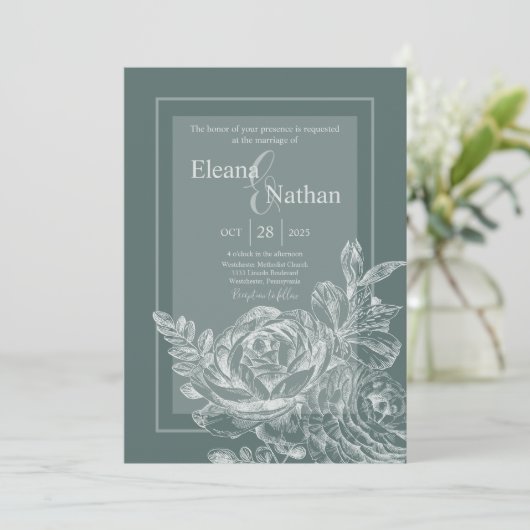 Elegante Grün- und Botanische Blumenhochzeit Einladung (Stehend Vorderseite)