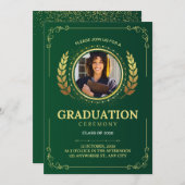 Elegante Grün- und Gold-Abschluss Einladung (Vorne/Hinten)