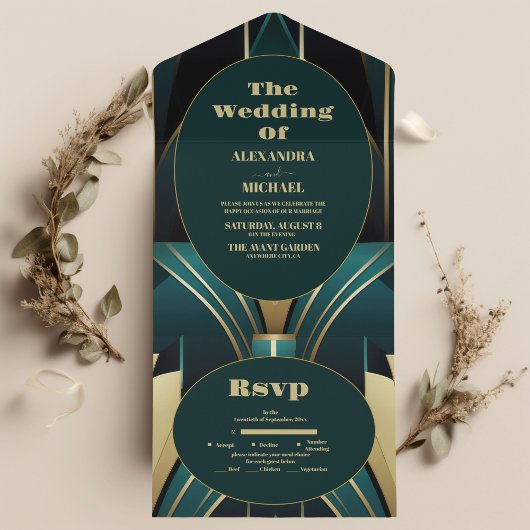 Elegante Grün und Gold All In One Einladung