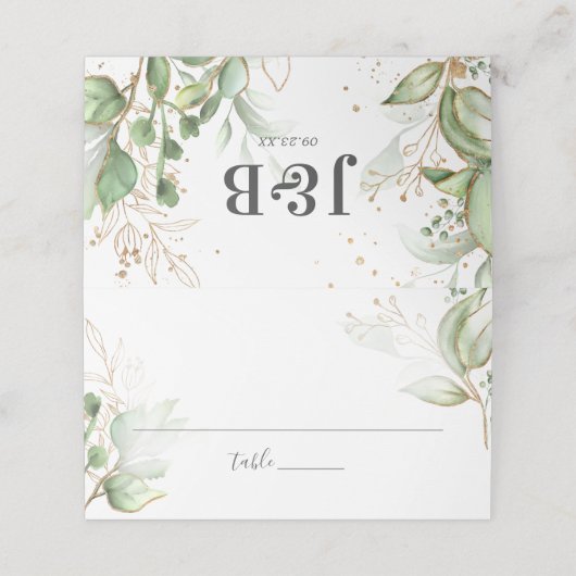 Elegante Grün- und Goldhochzeit Platzkarte (Außenseite Aufgefaltet)