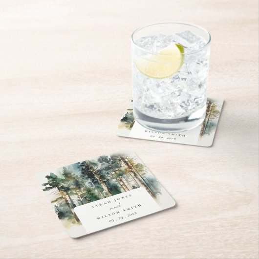 Elegante Grün-Wasserfarben-Waldhochzeit Rechteckiger Pappuntersetzer (Vor Ort)