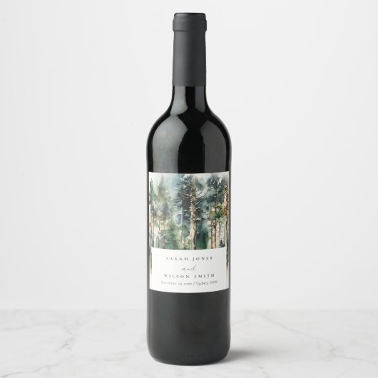 Elegante Grün-Wasserfarben-Waldhochzeit Weinetikett (Vorderseite)