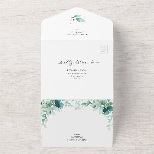 Elegante Grünanlage Mint Gold Hochzeit Details UAW All In One Einladung (Außenbereich)