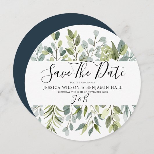 Elegante Grünanlagen Blätter Wasserfarben Save The Date (Vorne/Hinten)