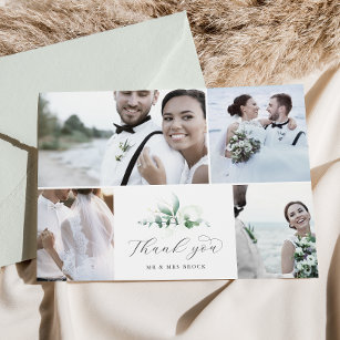 Elegante Grüne 4 Foto Collage Wedding Dankeskarte