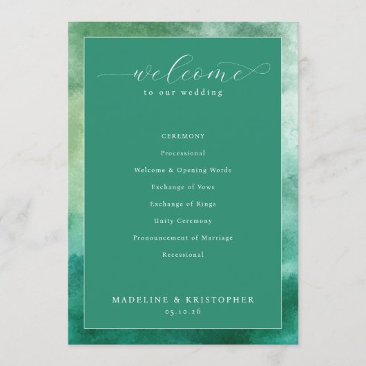 Elegante grüne Aquarell-Hochzeitszeremonie Programm (Vorderseite)