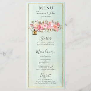 Elegante grüne Aquarellfarben Rose Goldene Flora L Menükarte