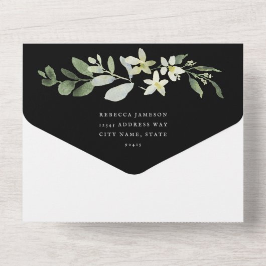 Elegante Grüne auf der Schwarzen Hochzeit All In One Einladung (Rückseite)