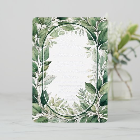 Elegante grüne Blätter 25. Hochzeitstag Folieneinladung (Stehend vorne)