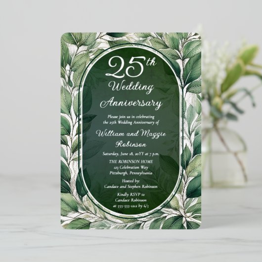 Elegante grüne Blätter 25. Hochzeitstag Folieneinladung (Stehend vorne)