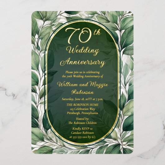 Elegante grüne Blätter 70. Hochzeitstag Folieneinladung (Vorderseite)