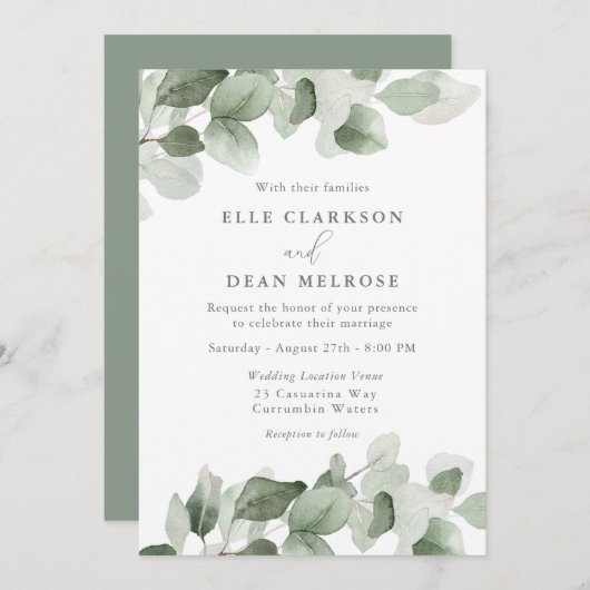 Elegante grüne Blätter Moderne Hochzeit Einladung (Vorne/Hinten)