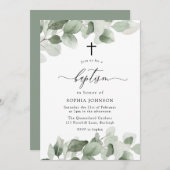 Elegante grüne Blätter Moderne Taufe für Mädchen o Einladung (Vorne/Hinten)