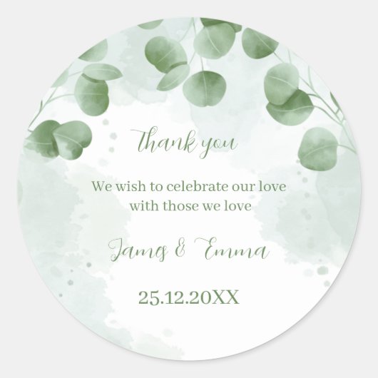 Elegante grüne Blätter Personalisierte Hochzeit Runder Aufkleber (Vorderseite)
