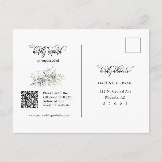 Elegante grüne Blätter QR Code Rücksendeadresse UA Postkarte (Rückseite)