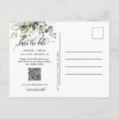 Elegante grüne Blätter QR-Code Save the Date Ankündigungspostkarte (Rückseite)