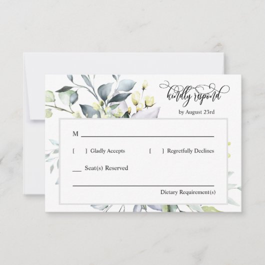 Elegante grüne Blätter Reaktion mit Adressbacker RSVP Karte (Vorderseite)
