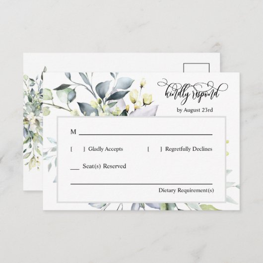 Elegante grüne Blätter Reaktion mit Adressbacker RSVP Karte (Vorne/Hinten)