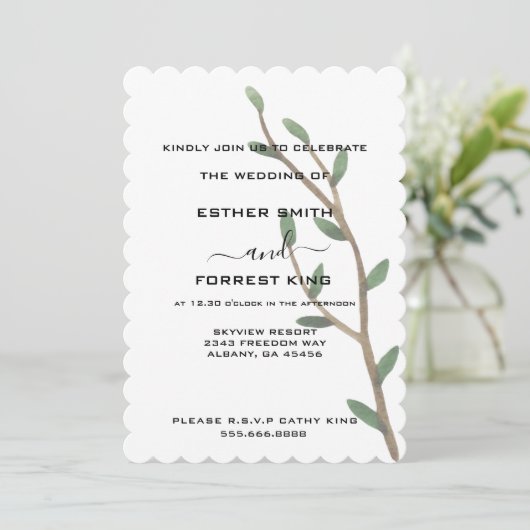 Elegante grüne Blätter Shoots Minimalistisch Hochz Einladung (Stehend Vorderseite)
