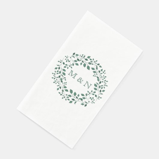 Elegante grüne Blätter Wasserfarben Mit Monogramm Serviette (Ecke)