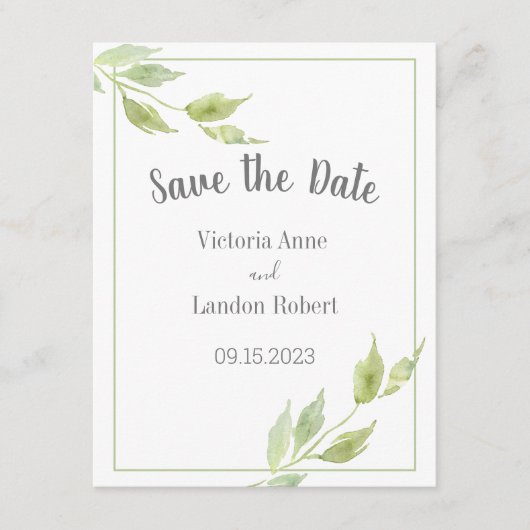 Elegante Grüne Blätter Wasserfarbenhochzeit Save The Date (Vorderseite)