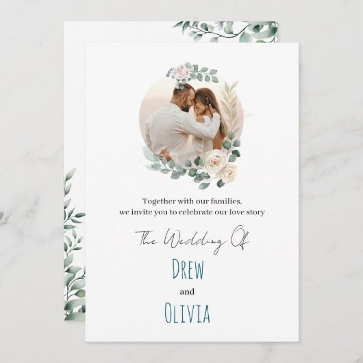 Elegante grüne Blätter zum Hochzeitsempfang Einladung (Vorne/Hinten)