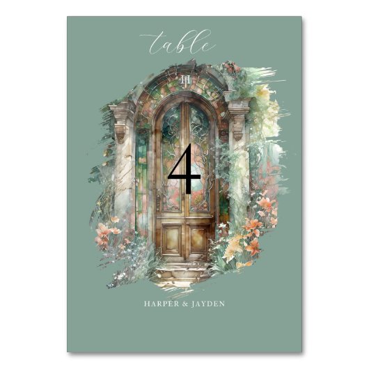 Elegante, grüne, blaue Wasserfarbenhochzeit Tischnummer (Rückseite)