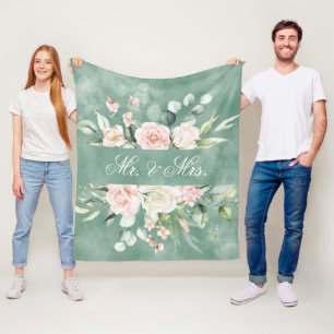 Elegante grüne Blumenaquarell-Mr.-und-Mrs.-Hochzei Fleecedecke