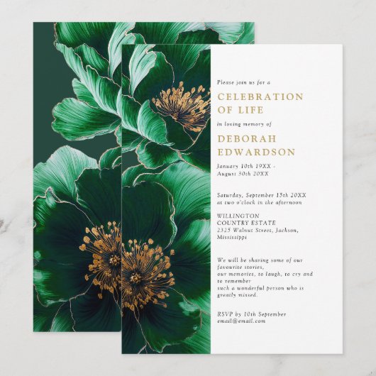 Elegante grüne Blumenfeier Einladung (Vorne/Hinten)