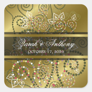 Elegante grüne Boho Dot Spirals Gold Ethnic Weddin Quadratischer Aufkleber