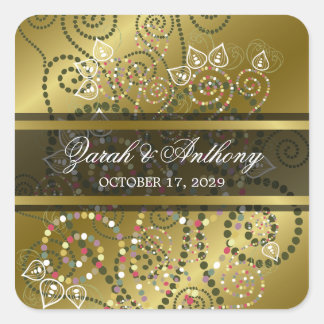 Elegante grüne Boho Dot Spirals Gold Ethnic Weddin Quadratischer Aufkleber