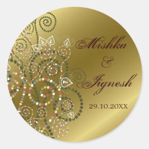 Elegante grüne Boho-Spiralen Goldene Hochzeitsaufk Runder Aufkleber