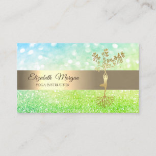 Elegante grüne Bokeh Goldene Baum Yogalehrerin Visitenkarte