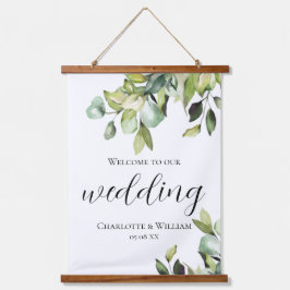 Elegante grüne Botanicals Hochzeit Willkommen Wandteppich Mit Holzrahmen