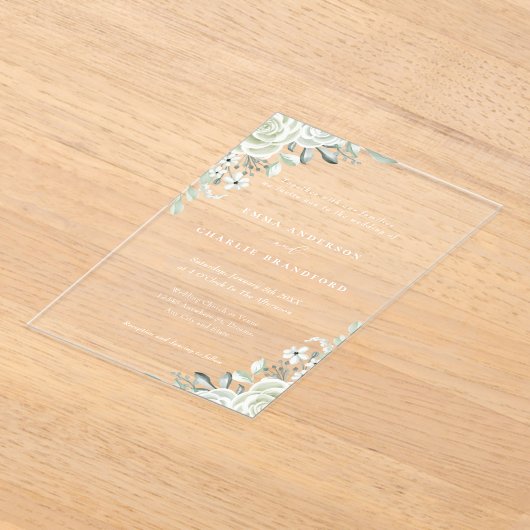 Elegante grüne botanische Blume Script Hochzeit Acryleinladungen (Ablage )