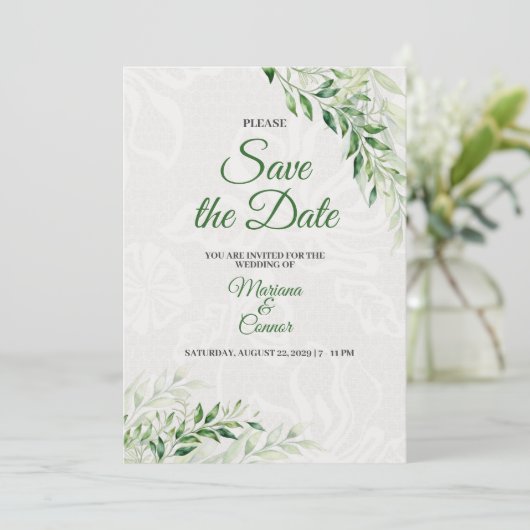 Elegante grüne botanische Hochzeit Speichern Sie d Save The Date (Stehend Vorderseite)