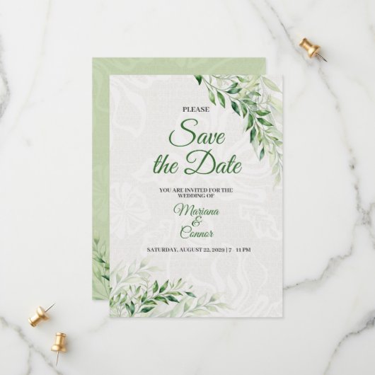 Elegante grüne botanische Hochzeit Speichern Sie d Save The Date (Vorderseite/Rückseite Beispiel)