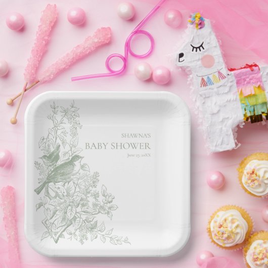 Elegante grüne Chinoiserie Nature Birds Babydusche Pappteller (Party)