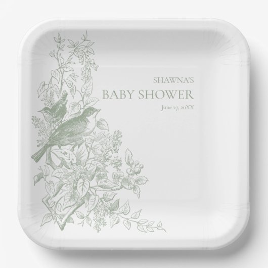 Elegante grüne Chinoiserie Nature Birds Babydusche Pappteller (Vorderseite)