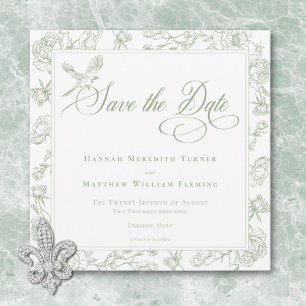 Elegante grüne Chinoiserie Vogel und Wappen Hochze Save The Date