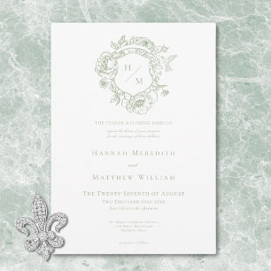 Elegante grüne Chinoiserie Vogel & Wappen Hochzeit Einladung