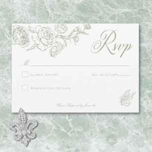 Elegante grüne Chinoiserie Vogel & Wappen Hochzeit RSVP Karte