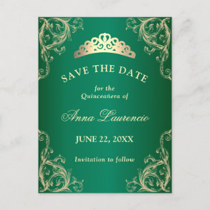 Elegante grüne Damast-Quinceanera-Save-the-Date-Ka Postkarte