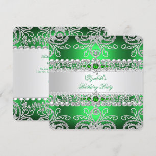 Elegante grüne Diamanten silberne florale Geburtst Einladung
