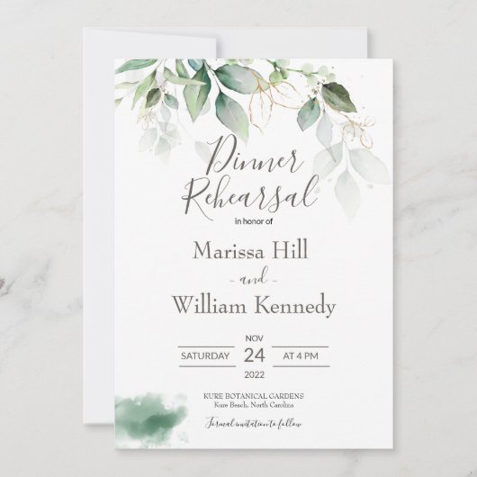 Elegante Grüne Eukalyptus Probe Abendessen Invit Einladung (Vorderseite)