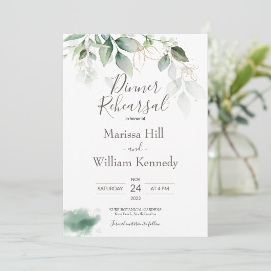 Elegante Grüne Eukalyptus Probe Abendessen Invit Einladung (Stehend Vorderseite)